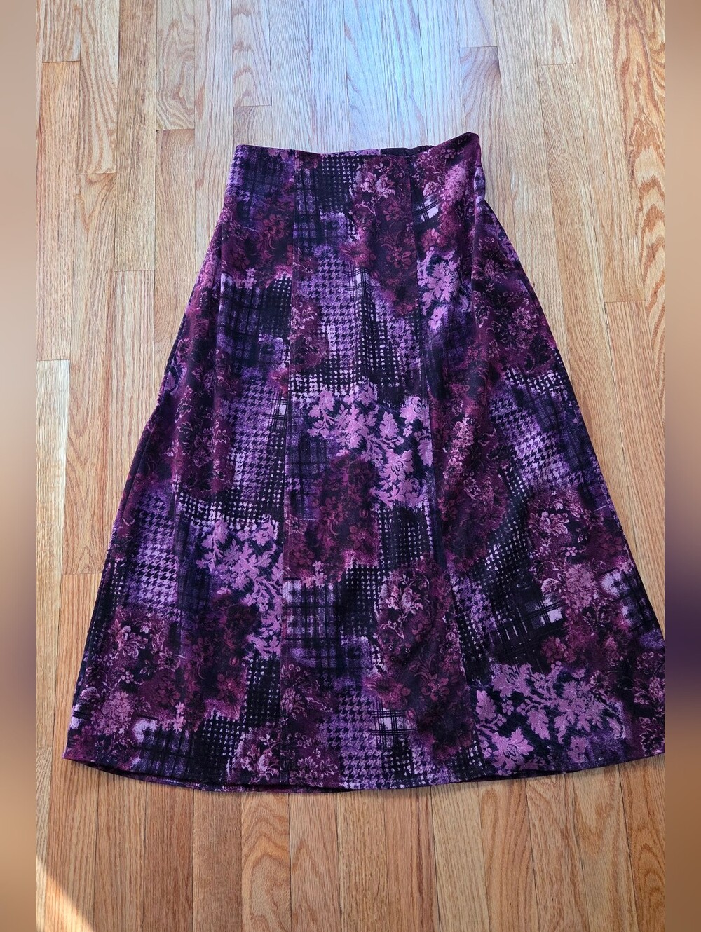 Vintage 90s Notations Patchwork Midi Skirt – Purple Floral & Plaid – Size M - Picture 2 of 8